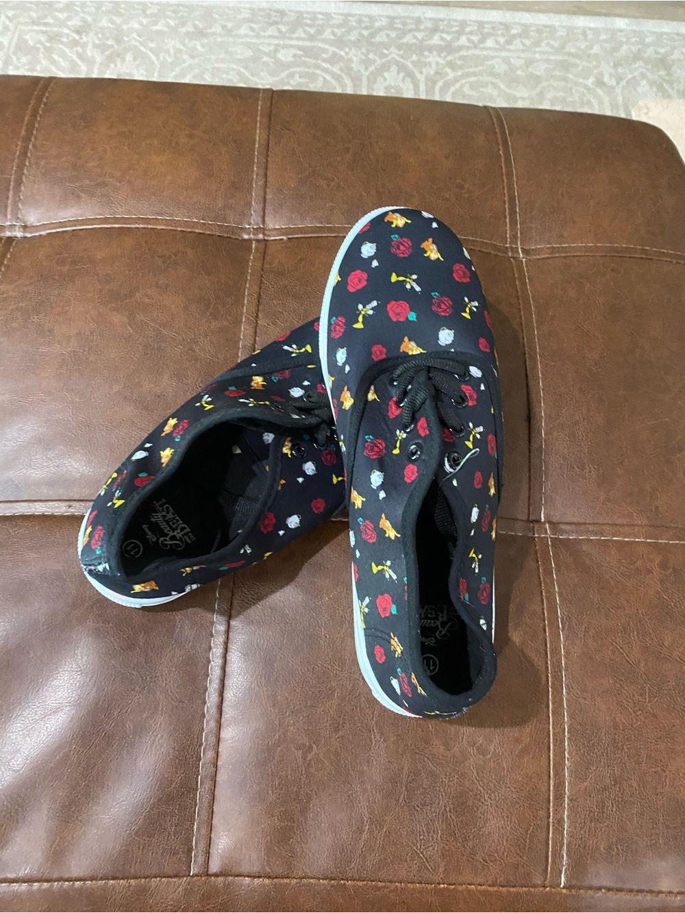 Disney Black Floral Canvas Lace-Up Sneakers with Red and Yellow Accents